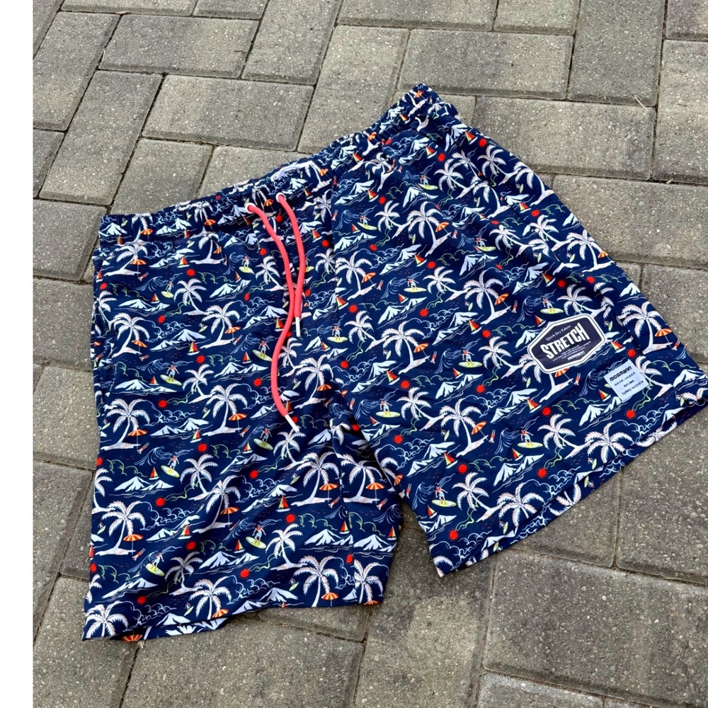 Mosmann Australia Mens XL Swim Shorts Navy Tropical Surf Print Stretch Quick Dry